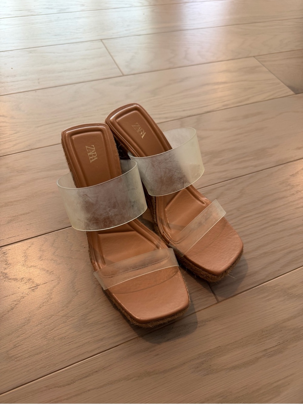 Zara Brown Block Heel Mules with Clear Straps